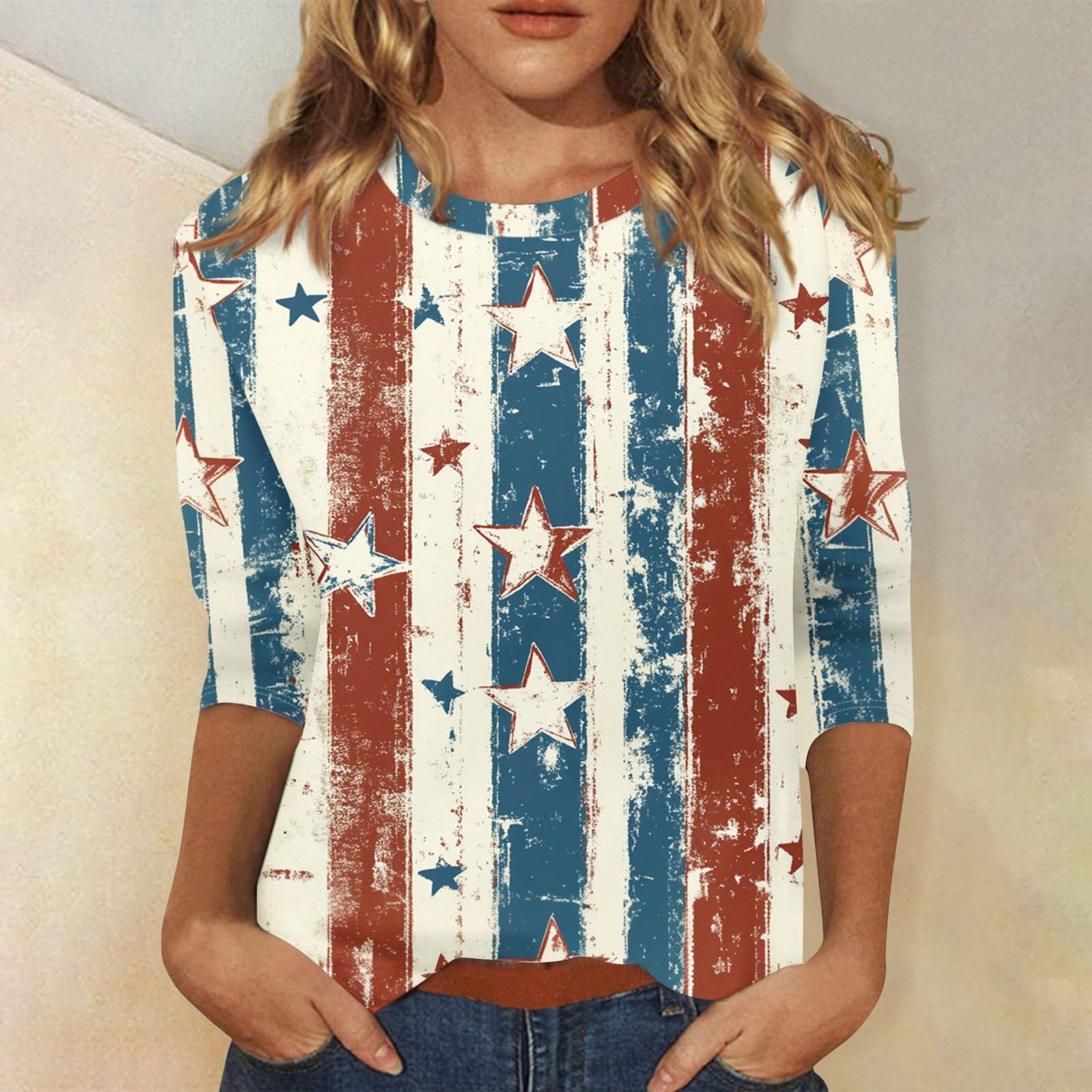 Women s Fashion Casual Round Neck 3/4 Sleeve Loose Independence Day Printed T-Shirt Ladies Top L бежевый