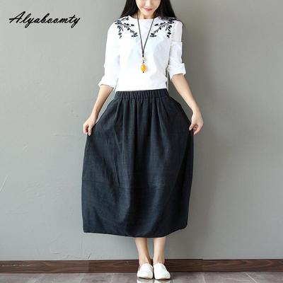 Japanese Mori Girl Spring Summer Women Basic Solid Midi Skirt Elastic Waist Navy Blue Black Casual Loose Skirt Vintage Cotton Ladies' Skirts