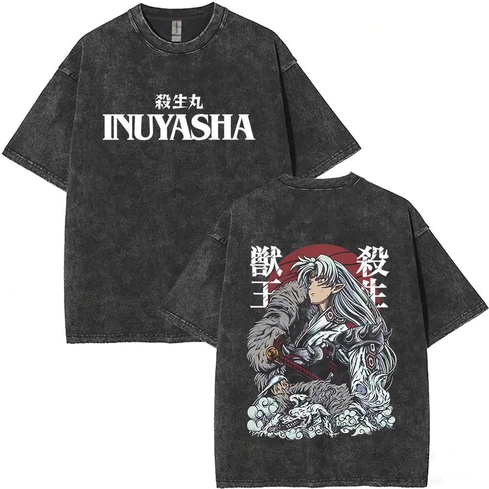 T-shirt Vintage Lavata Anime Inuyasha Sesshomaru Merch Uomo Donna Casual Oversize T-shirt Uomo Divertenti Cartoni Animati Harajuku T-shirt
