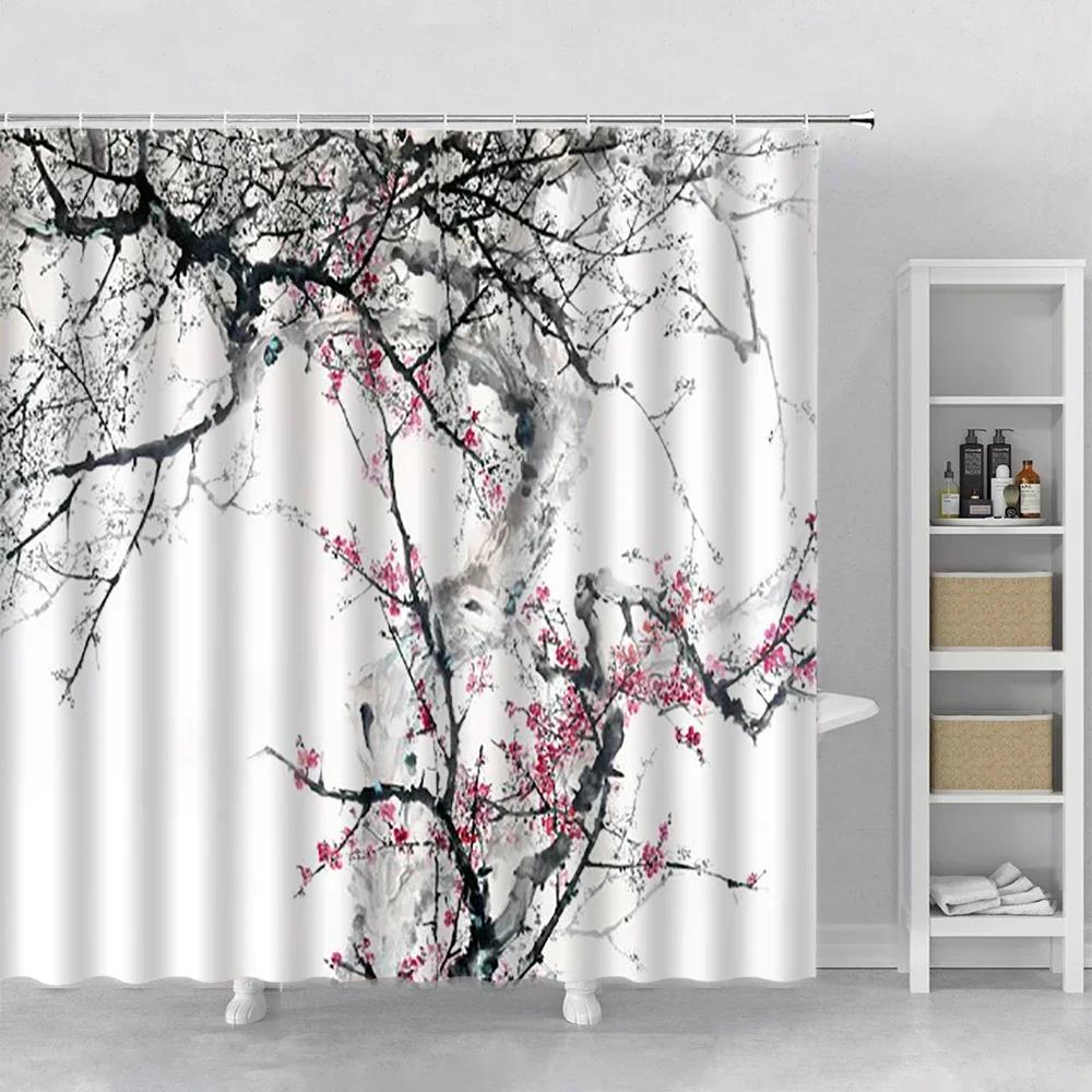 

Asian Shower Curtains Sets Natural Cherry Flowers Trees Chinese Japanese Ink Painting Curtain for Bathroom Sakura Fabric Decor 90x180cm-35x70in