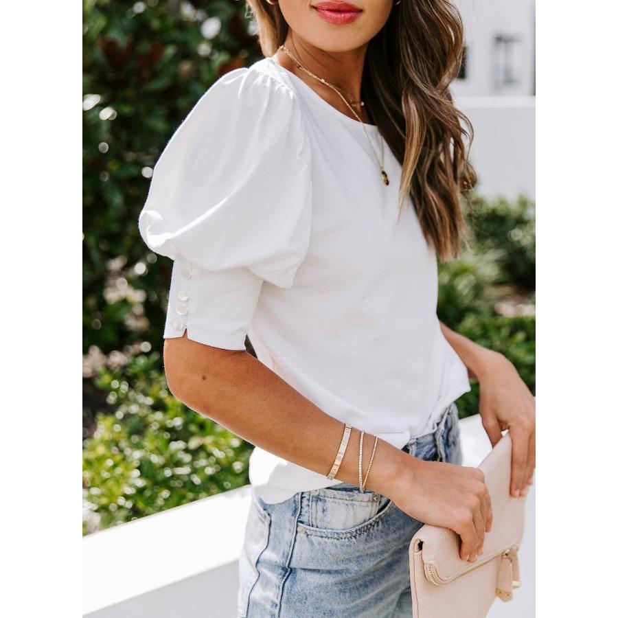 Summer Women's Round Neck Solid Color Button Loose Casual Short Sleeved T-shirt for Women