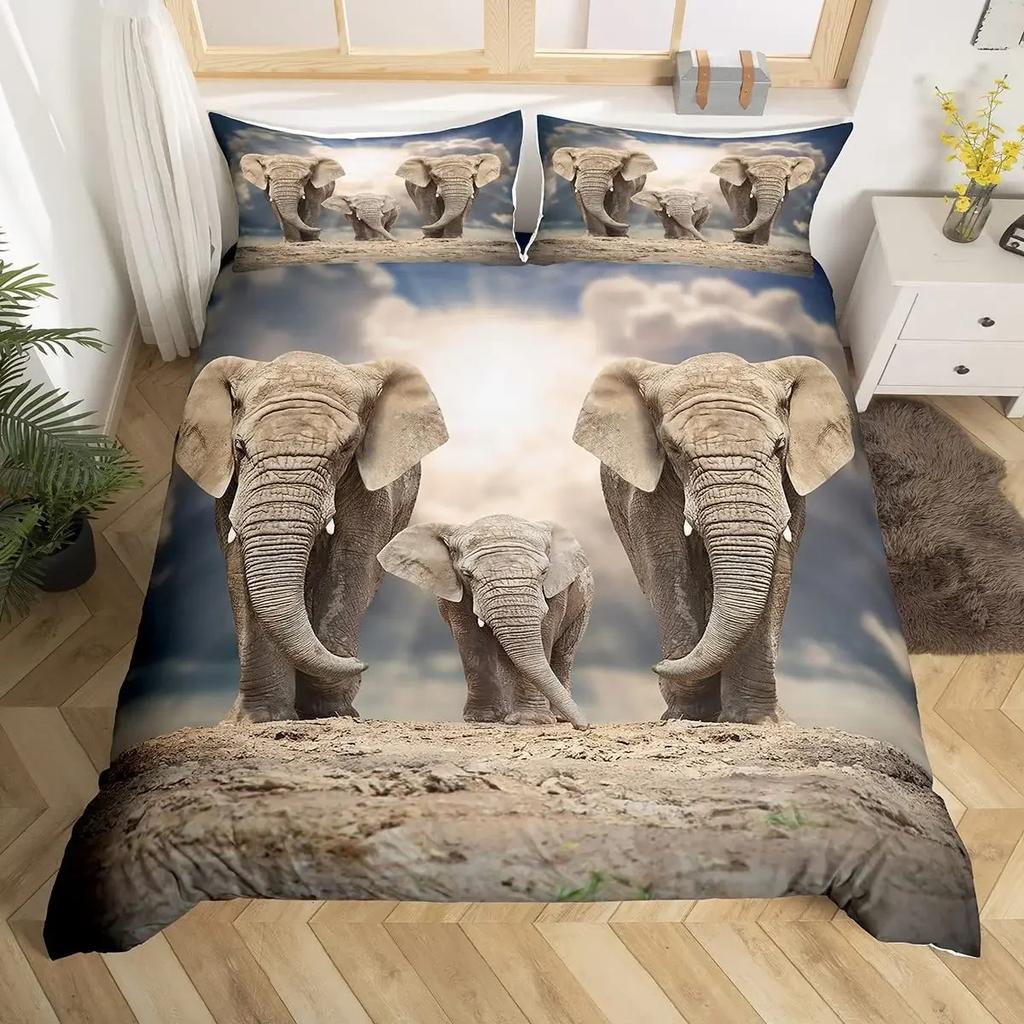 Comforter Cute Elephant Green Grass Bohemian Elephant Bedding Set Microfiber Safari Animals Comforter Twin King Size