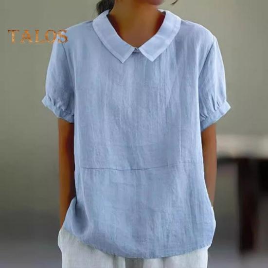 Damen Freizeithemd mit umgeschlagenem Kragen, kurzärmelig, einfarbig, lockere Passform, Sommer-T-Shirt für den Alltag