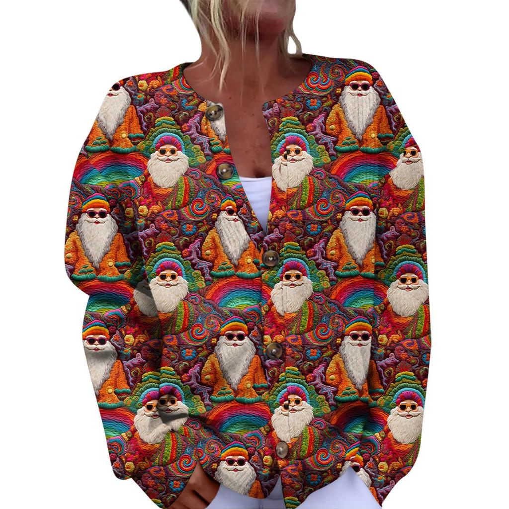 Women's Fashion Christmas Printed Long Sleeve Knitted Cardigan Button Down Jacket