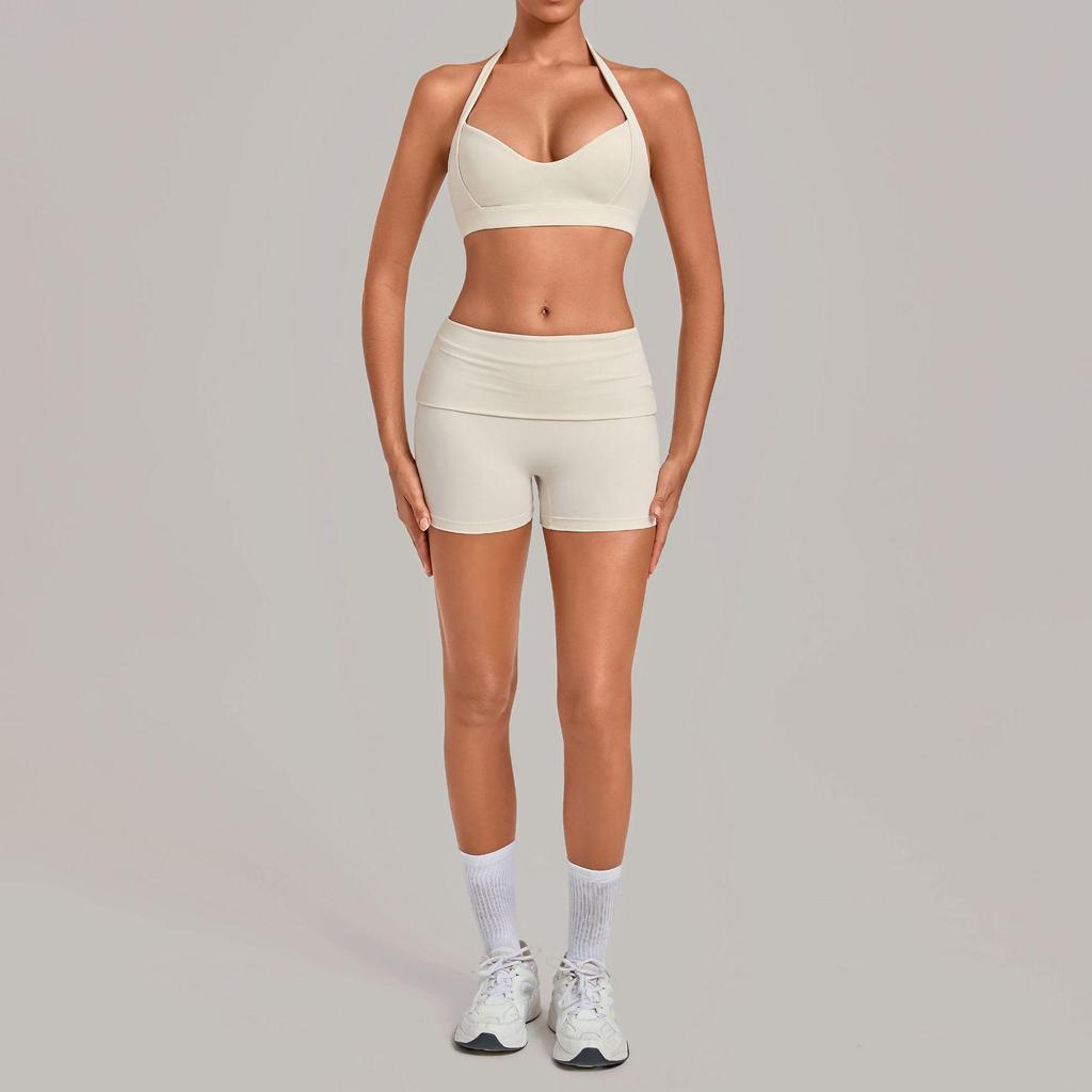 Women's Halter Backless Pleated Yoga Set - Tight Fit, Hip-Revealing Sportswear