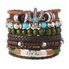 Boho Bracelet Set for Men Leather Braided Wrap Bracelet with Wood Beads Bull Skull & Evil Eye Charm Ethnic Viking Style Jewelry