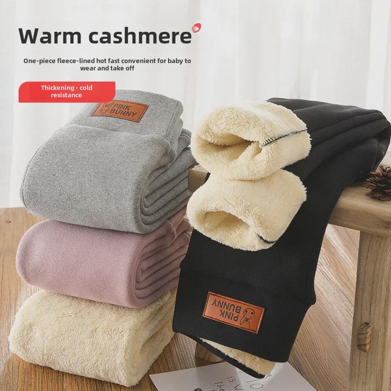 Girls' Winter Fleece-Lined Warm Cotton Leggings - Thick Lamb Fleece One-Piece for Babies and Kids