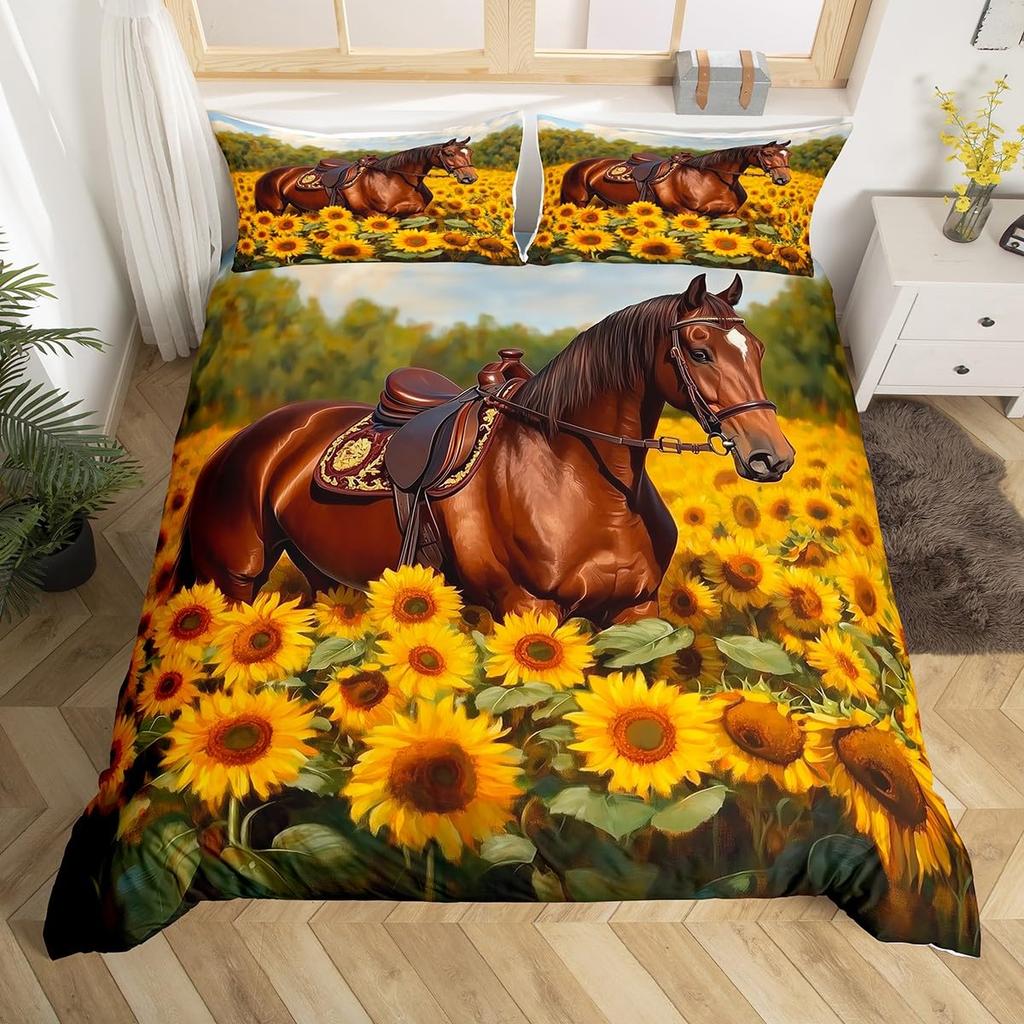 Horse Duvet Cover Western Cowboy Farmhouse Animal Bedding Set Soft Sunflower Floral Comforter Cover Twin Queen For Boys Girls