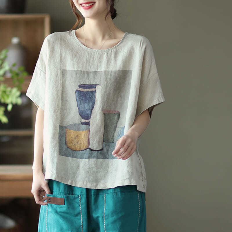New Summer Retro Literary Printed Cotton and Linen Top for Women Loose Round Neck Short-sleeved T-shirt Versatile Head