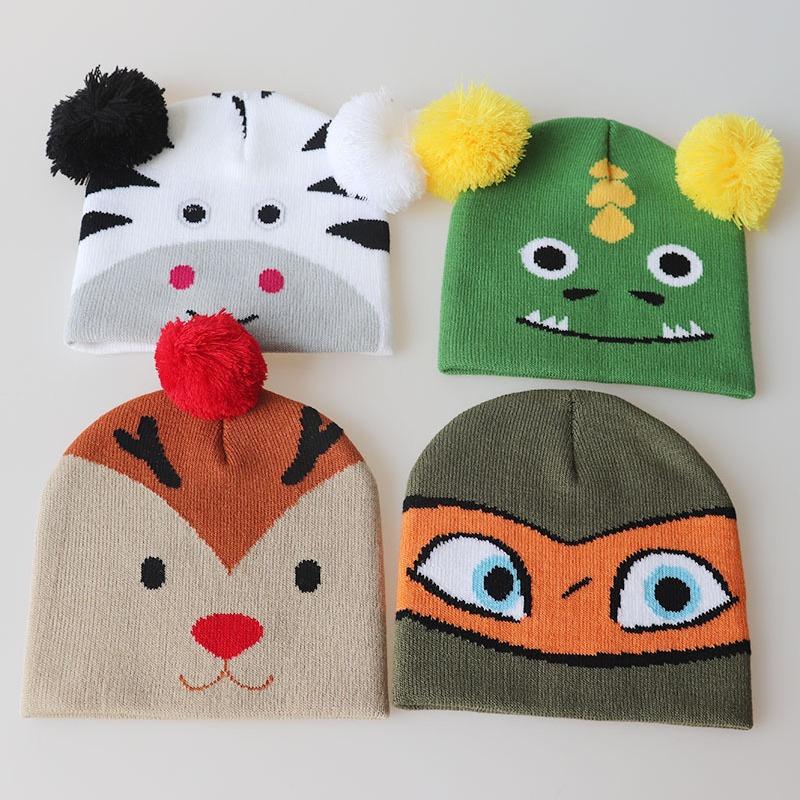 1-6Children's Autumn and Winter Christmas Cartoon Knit Hat, Super Elastic Beanie with Pom-Pom, Warm Pullover Hat