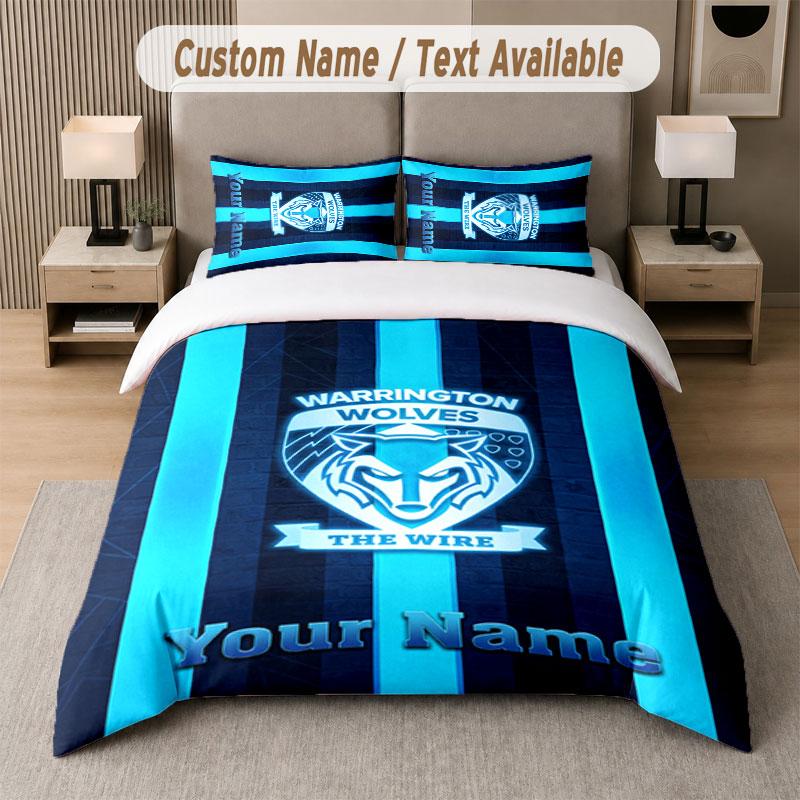 Custom Bedding Set Warrington Wolves FC Pattern, Print Name Text 1 Duvet Cover Plus 2 Pillowcases Home Textile