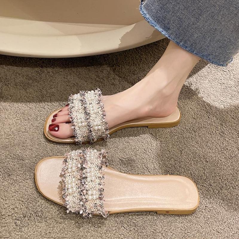 Summer Fashion Women's Slippers 2024 New Style Gentle Pearl Embedding Diamond Luxury Designer Style Casual Versatile Sandals