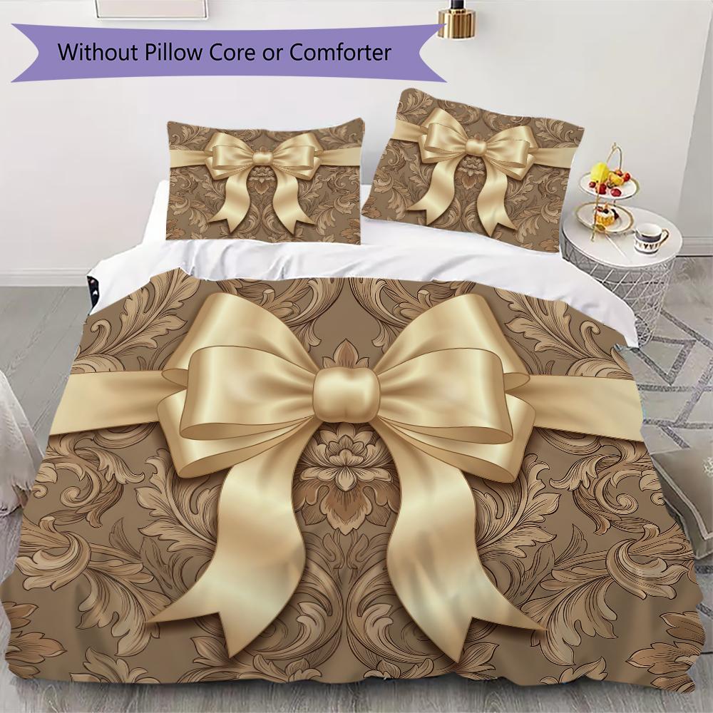 Gorgeous Ribbon Bow Pattern Bedding uilt Set uilt Cover Pillowcase Home Decoration Birthday Gift (1 * duvet cover + 2 * pillowcase without core)