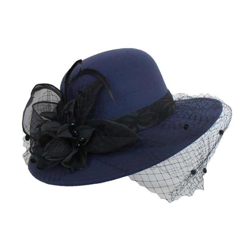 Autumn And Winter Hepburn Big-Brimmed Woolen Hat British Retro Felt Hat Mysterious Mesh Flower Banquet Top Hat