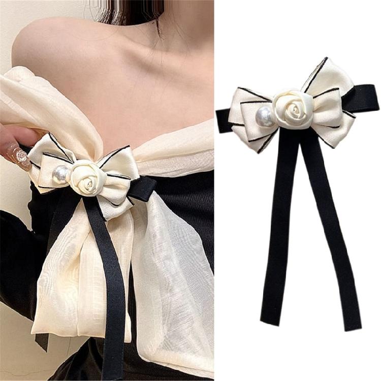 Womens Ribbon Bowtie Brooch Pin Student Uniform Pre Tied Necktie Clip Camellia Pearls Bowknot Corsage Shirt Jabot Collar