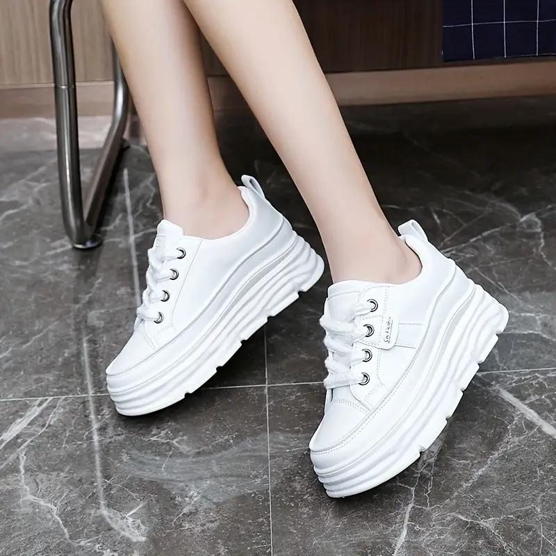 Women's Solid Color Sneakers, Casual Lace Up Outdoor Shoes, Comfortable Inner Heightening Shoes