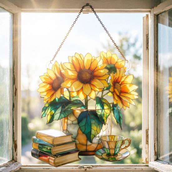 Floral Tea Cup And Book Suncatcher Stained Glass Effect Window Car Hanging Ornament Acrylic Garden Sun Catcher Panel for Women Mom Grandma