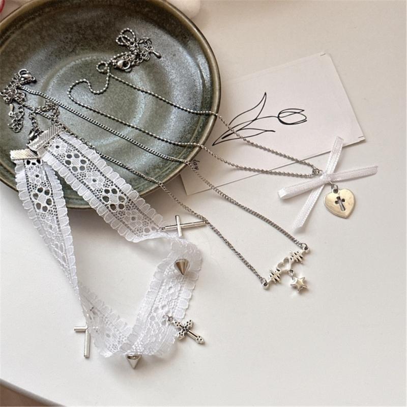 Fashion Neck Jewelry Pendant Necklace Lace Necklace Bowknot Necklace Fashion Star Pendant Necklace Gift for Women Girls
