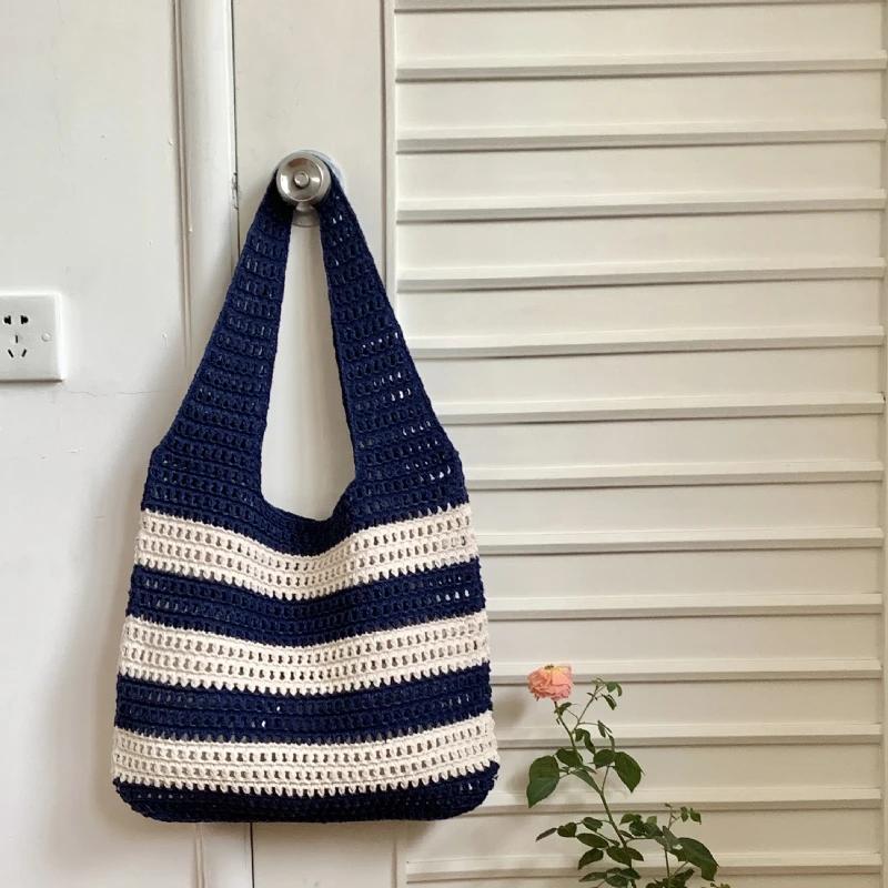

Модная винтажная полосатая вязаная полая большая сумка с цветными блоками, большая вместительная сумка для покупок, сумка через плечо