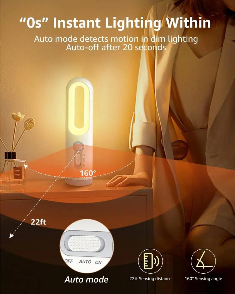 LED Bevegelsessensor Nattlys 2 i 1 Bærbar Lommelykt med Skumring til Daggry-sensor for Soverom, Bad, Lesing, Camping