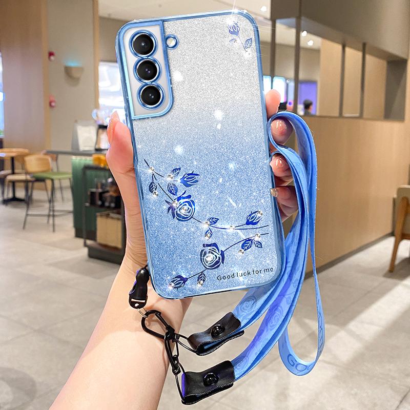 KADEM For Samsung Galaxy S21 FE 5G Case Rhinestone Flower TPU Cover with Strap