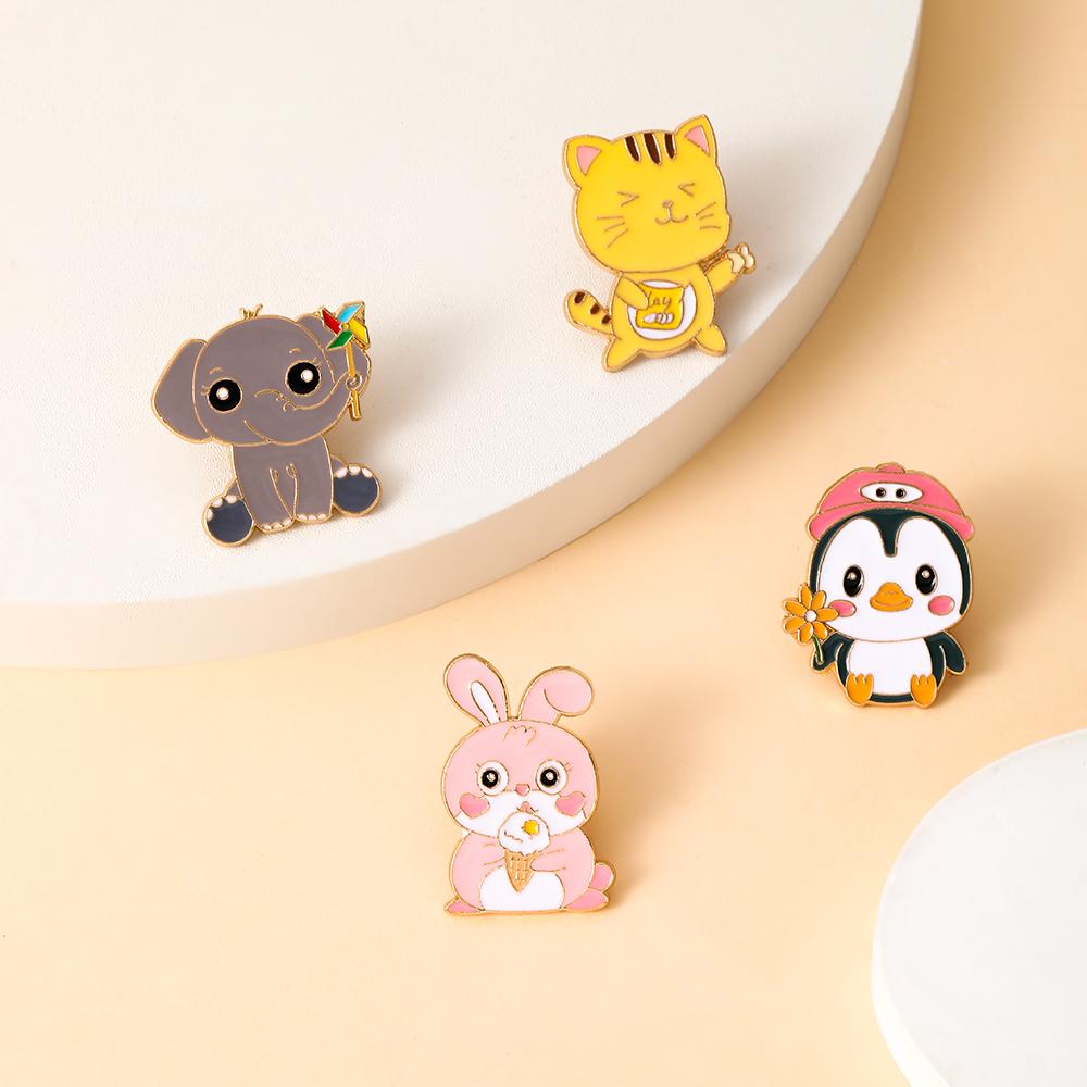 Cute Cartoon Animal Collection Enamel Brooches Penguins Elephants Tigers Cows Rabbits Pins For Clothes Jewelry Decoration