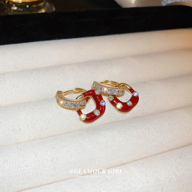 Square love red earrings literary and artistic fan temperament retro stud earrings New Year's earrings women