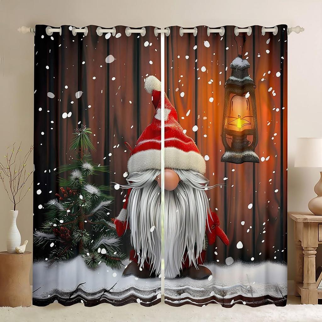 Christmas Gnome Curtain Winter Xmas Theme Window Curtains Snowflake Happy New Year Holiday Room Decor Panels Light Blocking Made Of Polyester