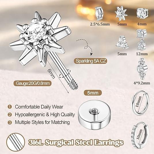 European American Style 316 Stainless Steel Unisex Trendy Ear Nail Set Multi-Style Ear Buckle Piercing Ornaments