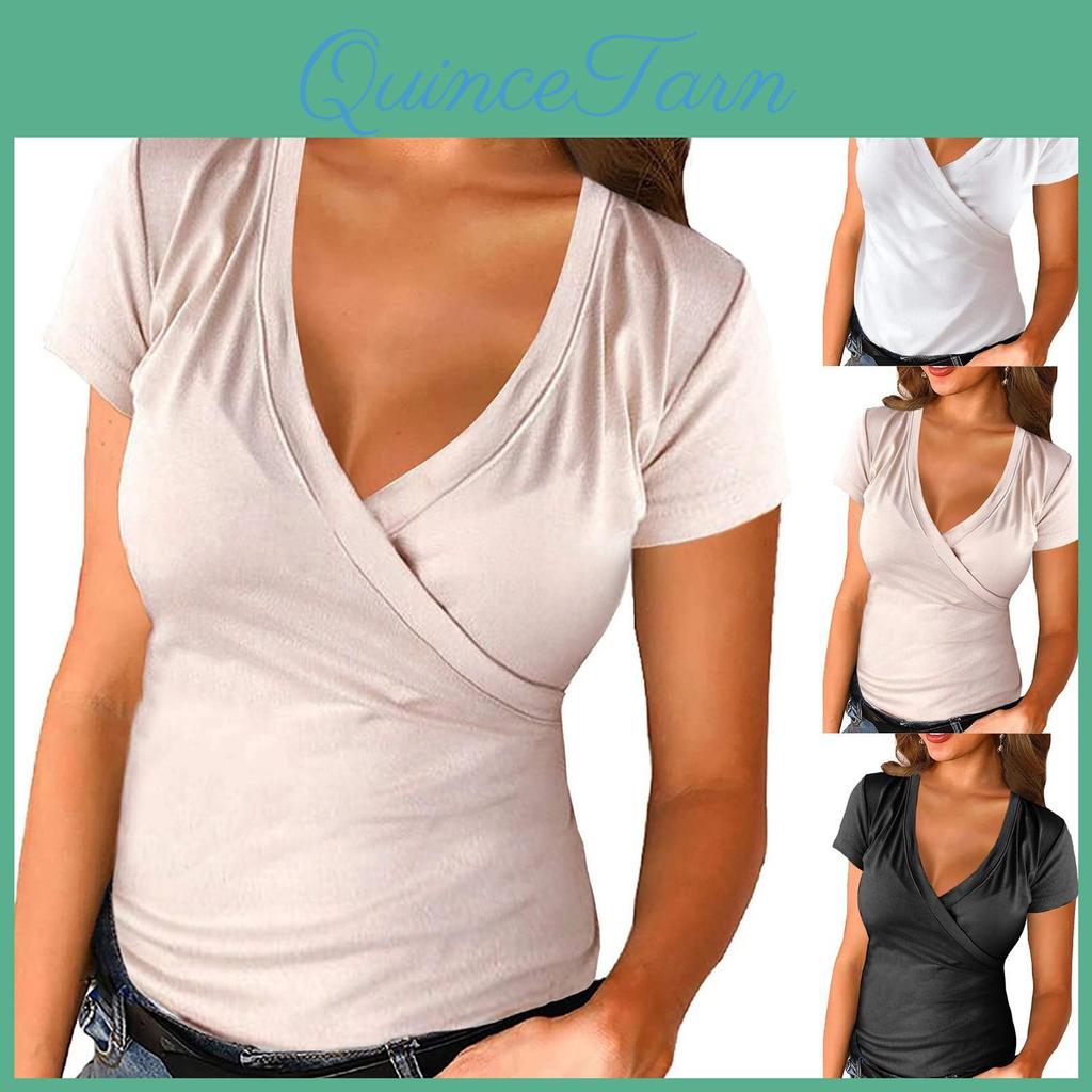 Casual Deep Womens Summer V Neck Short Sleeve Shirts Warp Slim Fit Tee Shirt
