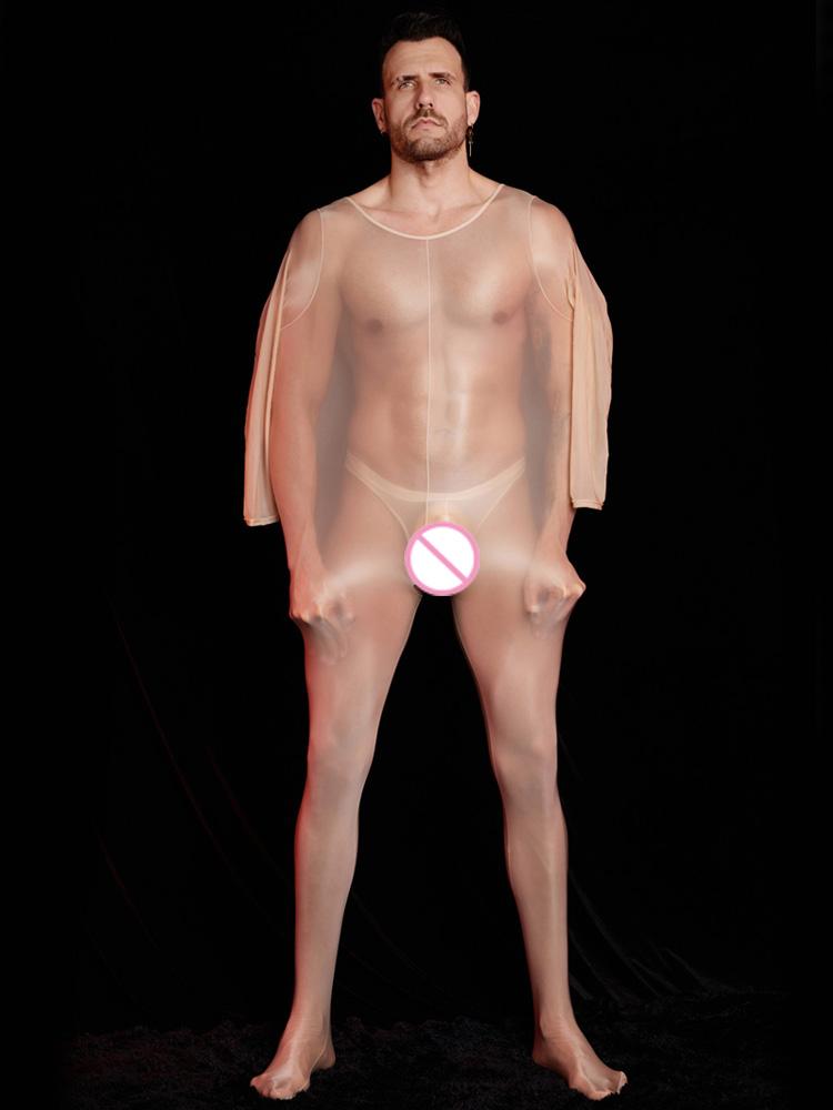 Sexy Men Breathable Oil Glossy Shiny Shapping Bodysuit Stain Sheer See Through Tights Elastic Fitness Shapping Maid Leotard