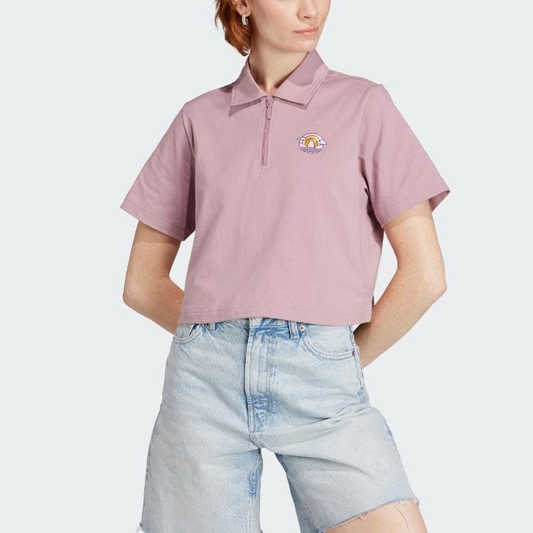 Adidas Originals Cropped Polo Shirt Cartoon Logo Embroidery Detail Sports Short Sleeve Polo Women tops Magical-Purple Pink IN4140