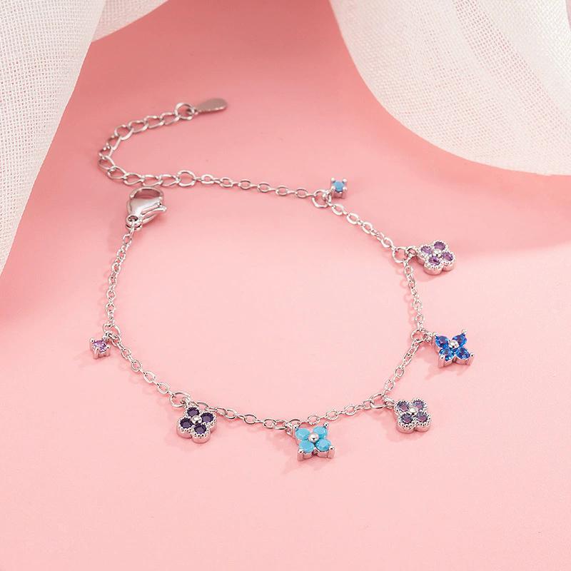 

925 Silver New Multicolored Four-Leaf Clover Sparkle Diamond Bracelet and Anklet for Women Necklace Accessories Gift