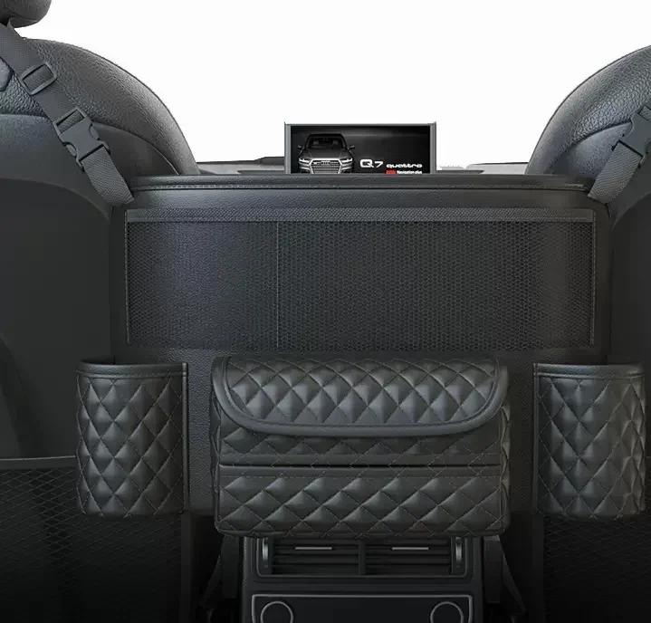 Lær Bilsete Midtre Henger Oppbevaringsveske Luksus Auto Håndveskeholder Mellom Seter Lommer for Kleenex Vannkopp Stuing Rydding