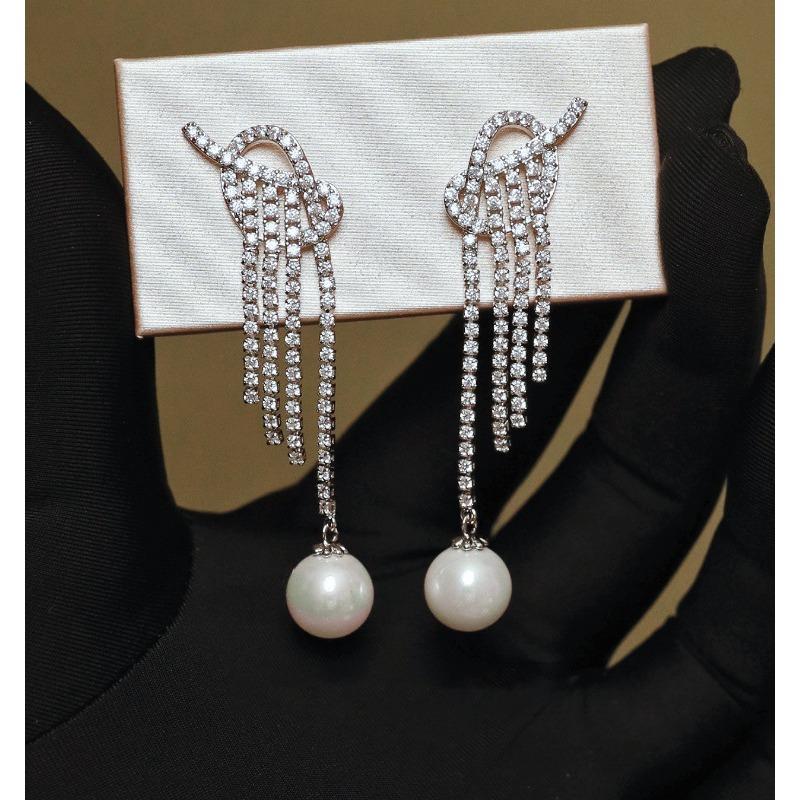 Silver Needle Diamond Flower Water Drop Tassel Earrings Exaggerated Earrings Light Luxury Premium Earrings Women