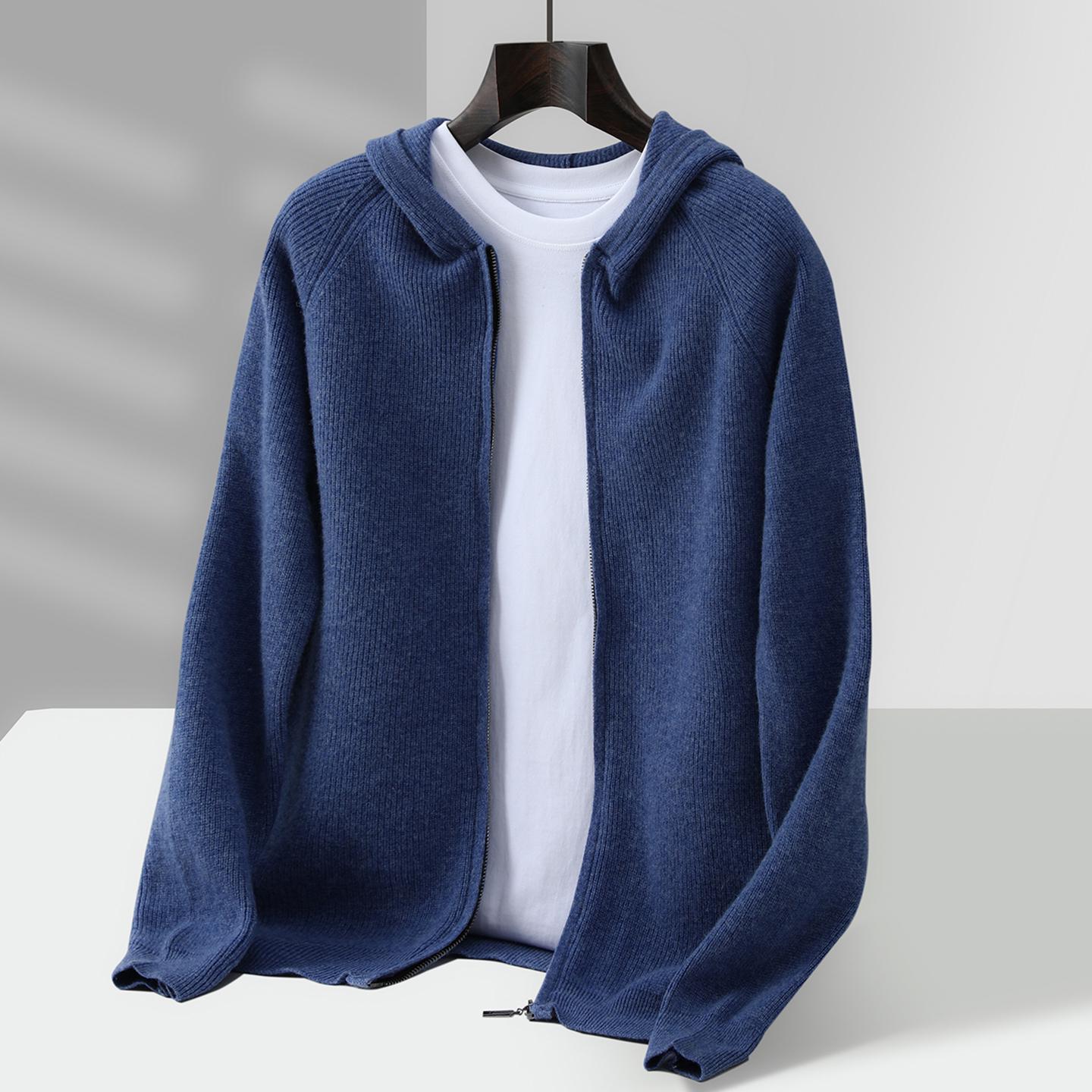Men s Thickened Hooded Wool Cardigan - Loose Jacquard Knit Zip-Up Hoodie Medium