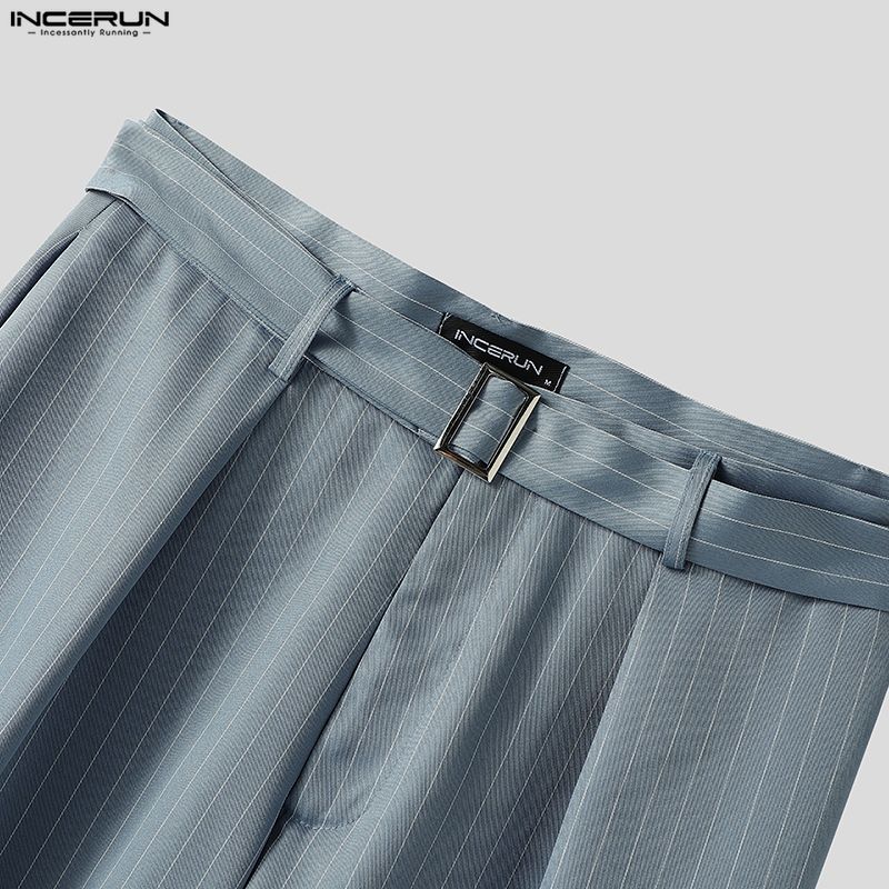 INCERUN Men Striped Outfits Stand Neck Long Sleeve Crop Tops Zip-Up High Waist Long Pants Sets