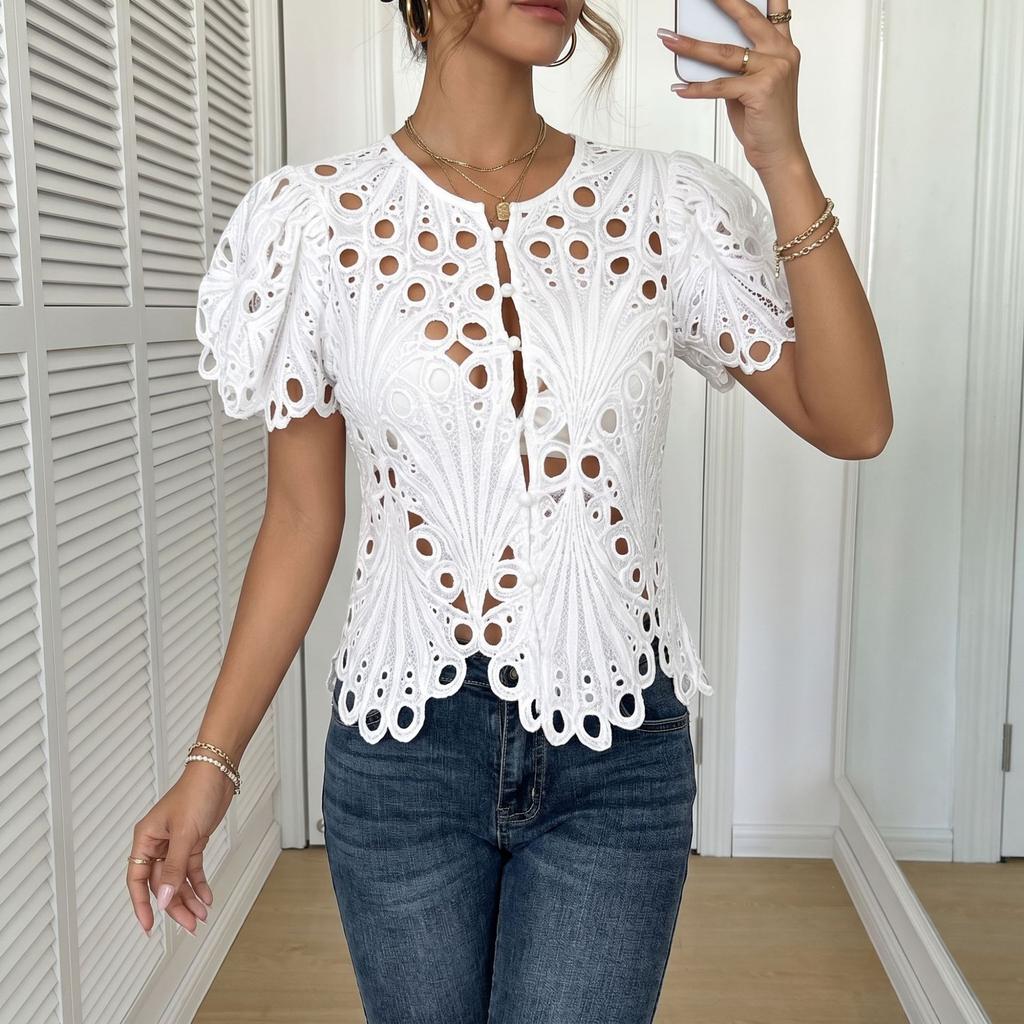 European Style Summer Solid Color Fashion Casual Short Sleeve Blouse Women