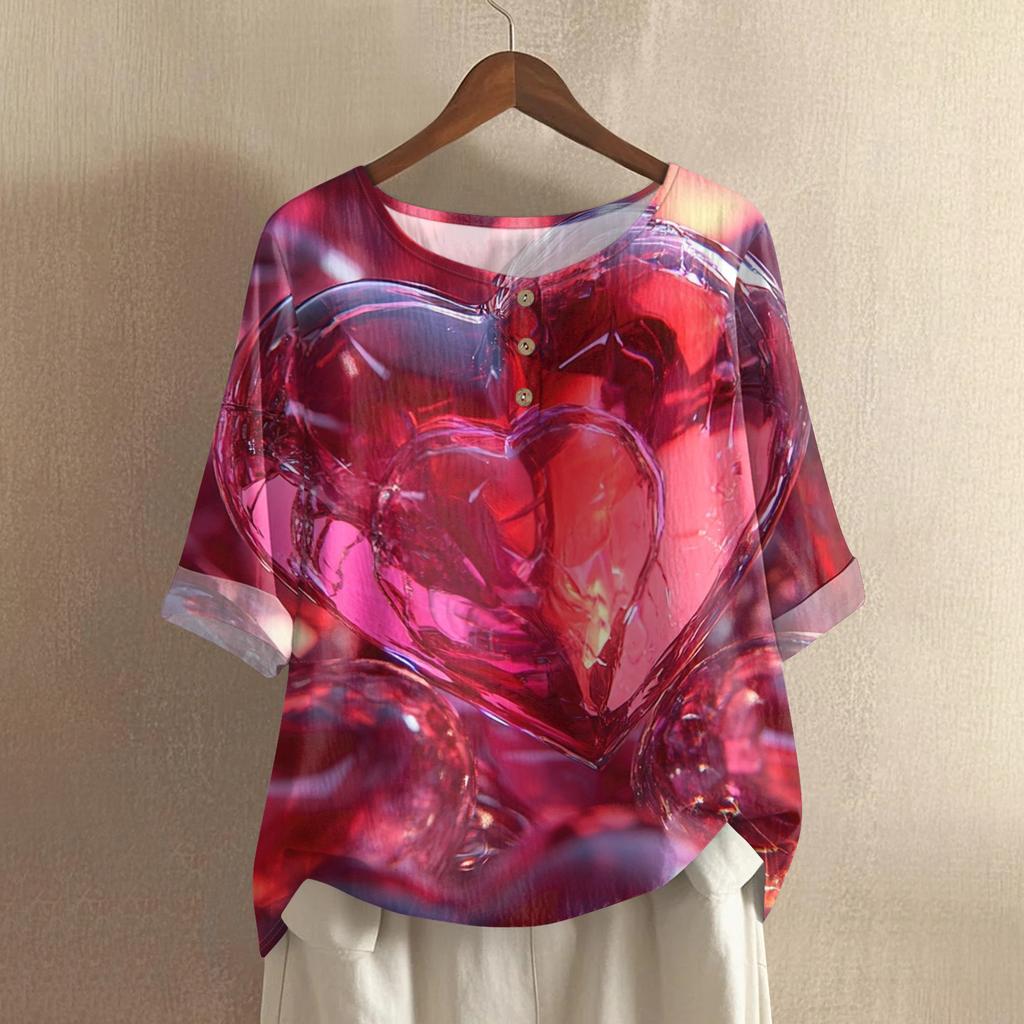 Damska koszulka z nadrukiem na Walentynki, casualowa, z krótkim rękawem, okrągłym dekoltem, z bawełny i lnu