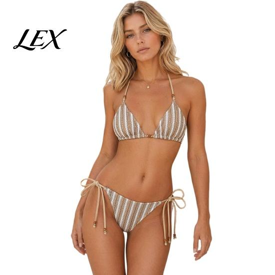 Non-slip Bikini Top 2Pcs/Set Set for Women, Knitted Hollow Fabric Halter Bra with Chest Pad Lightweight Summer Swimwear No Steel Support, Lace-up