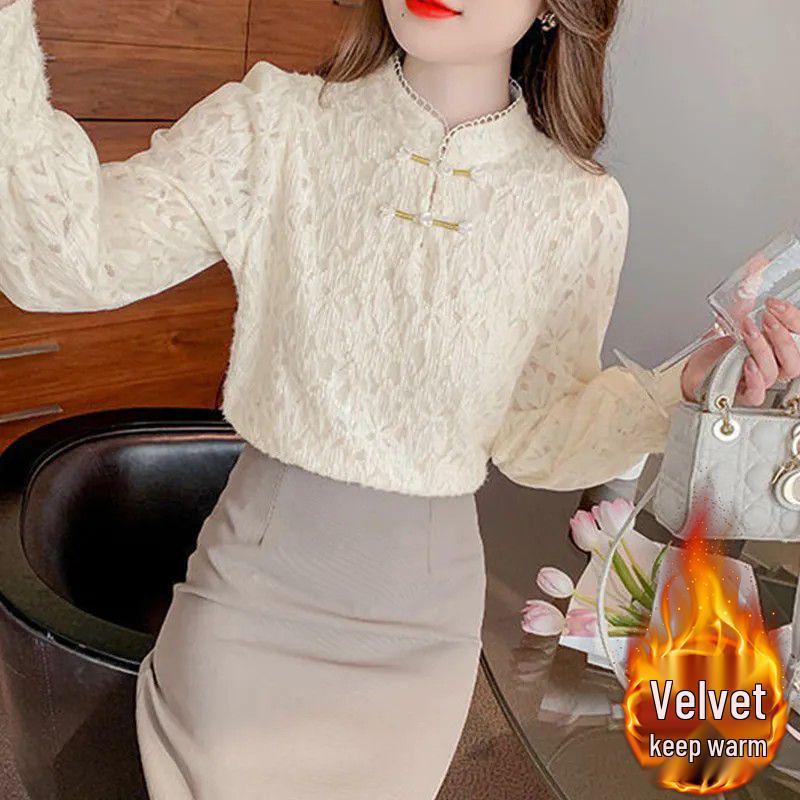 Women's Autumn/Winter Slim Fit Lace Stand Collar Shirt with Velvet Tummy Covering Top