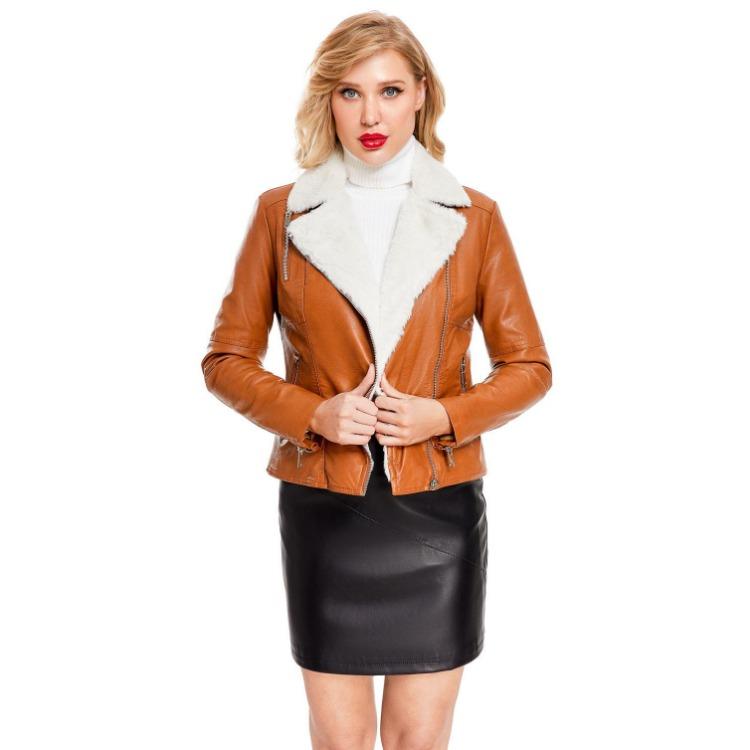 Women Fashion Slim Fit Pu Leather Jacket Long Sleeve Lapel Collar Zipper Fall Winter Coat