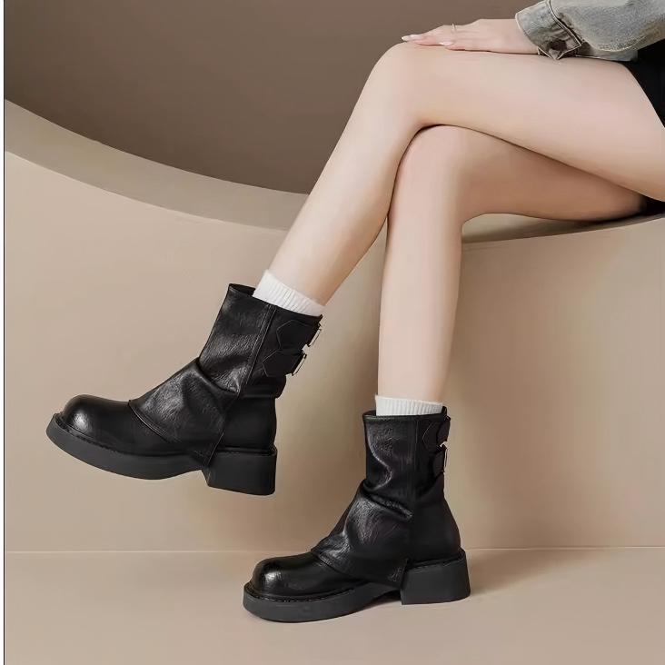 New pleated stacked boots pant tube boots soft leather thick-soled Martin boots versatile brown short boots women