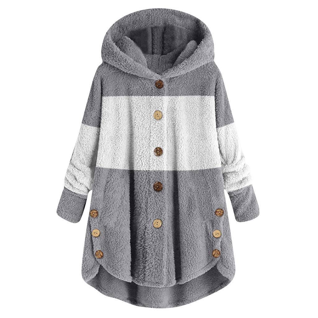 Women's Fashionable Patchwork Loose Hooded Plush Button Long Sleeved Loose Warm Jacket