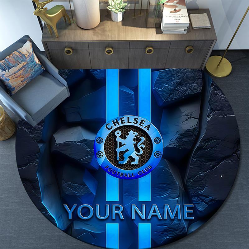 Custom Name Chelsea Football Club Round Area Rug,Carpet Rug for Living Room Bedroom Sofa Playroom Decor,Non-slip Floor Mat