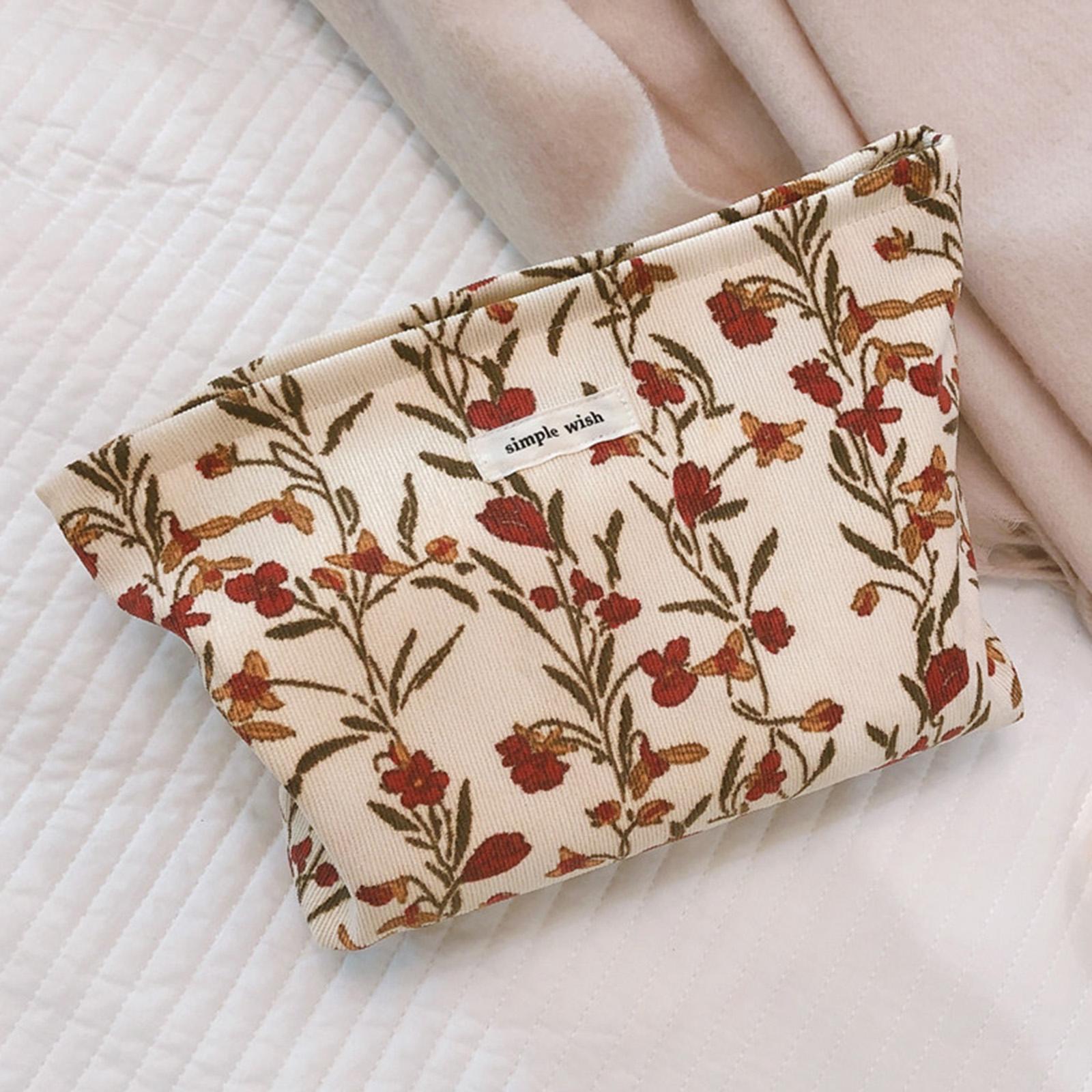 

140 Corduroy Vintage Flower Pattern Makeup Bag Travel Toiletry Organizer Wear-resistant Smooth Zipper Cosmetic Storage Pouch Beige Red Flower