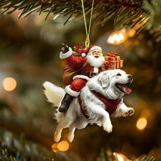 Santa Claus Dog Christmas Ornaments Funny Santa Claus Riding Puppy Ornaments 2D