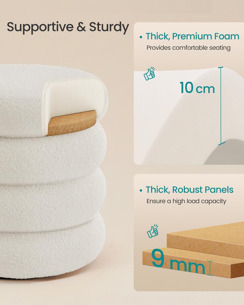 SONGMICS Vanity Stool, Round Ottoman with Storage, Upholstered Foot Stool, Removable Lid, for Living Room, Bedroom, Easy Assembly