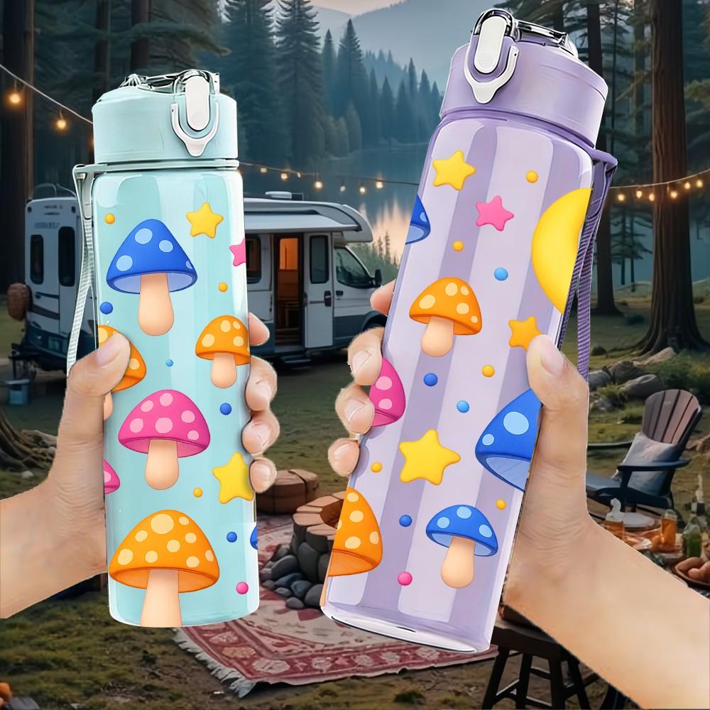 1PC Mushroom Moon Star Night Cartoon Print 750ml Color Plastic Sports Water Bottle Leakproof Flip Straw Lid Suitable for Sports Office Home Use