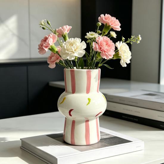 Ceramic Vase Hand Painted Striped Polka Dot Flower Vase Gourd Shape Vase for Fresh And Dried Flowers Home
